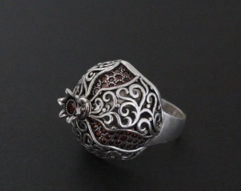 Dome ring Sterling silver 925 and natural garnet Persephone Pomegranate