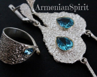 Light blue zircon jewelry set Silver 925 ring and very long drop earrings