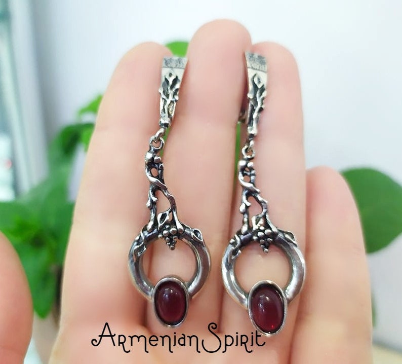 Armenian jewelry SET very long earrings and ring SILVER 925 garnet red stone Grape bunch Jewellery Women Ethnic handmade set sterling ladies