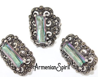 Joyería armenia Conjunto de plata Pendientes y anillo con piedra nacarada verde Joyería marcasita STERLING 925 joyería de boda tudor pequeña