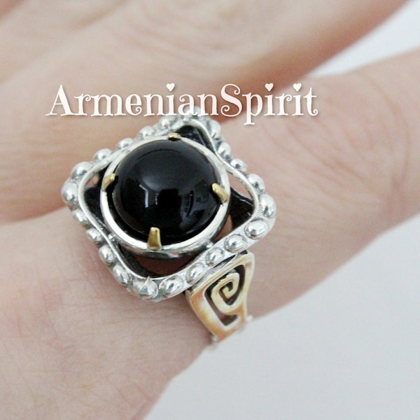 Ring Natural black onyx square jewelry cabochon gemstone real gold plated SILVER 925