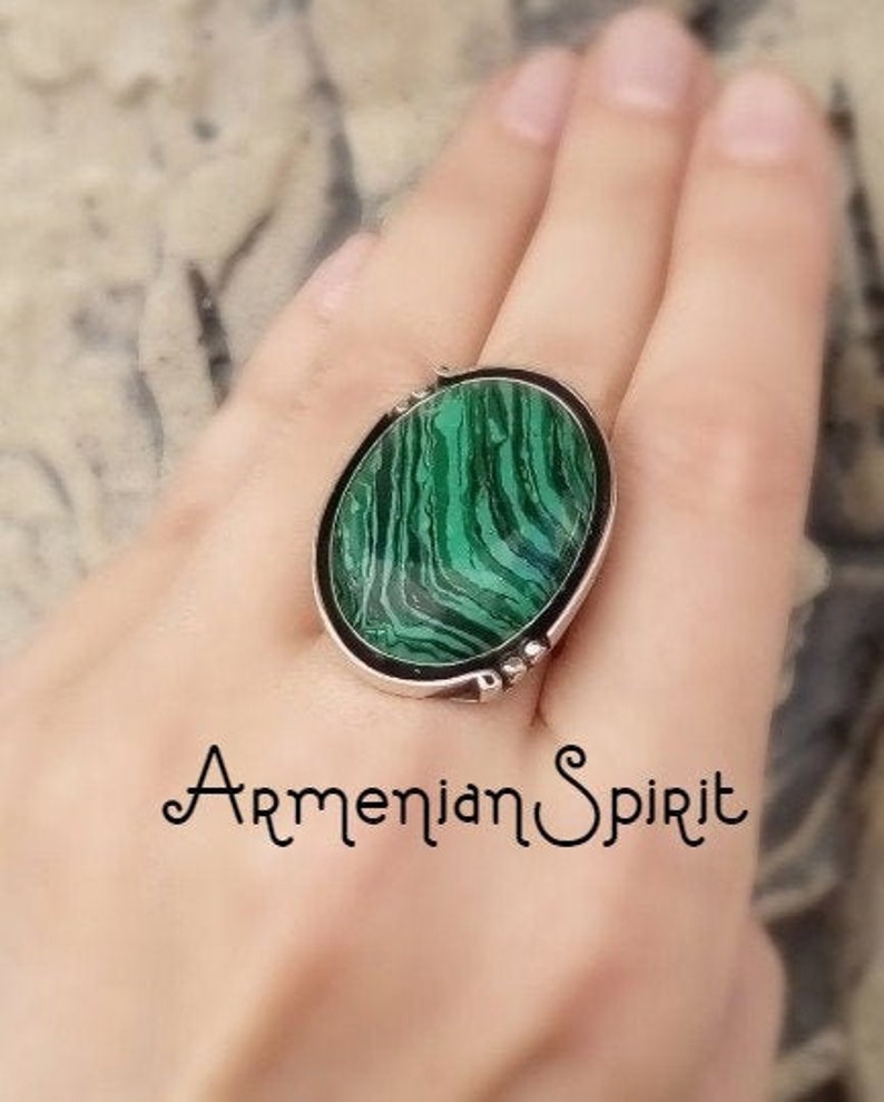 Malachite green ring adjustable Big green stone rings armenian handmade jewelry bague vert malachite Malachitgr\u00fcner Ring malachiet groene