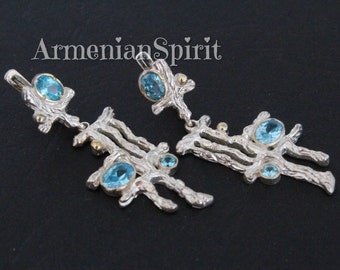 Earrings Blue zircon Armenian jewelry Sterling SILVER 925 with gold plated details
