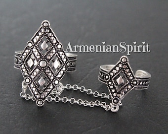 Double ring Silver 925 Armenian jewelry Traditional pattern Adjustable rings