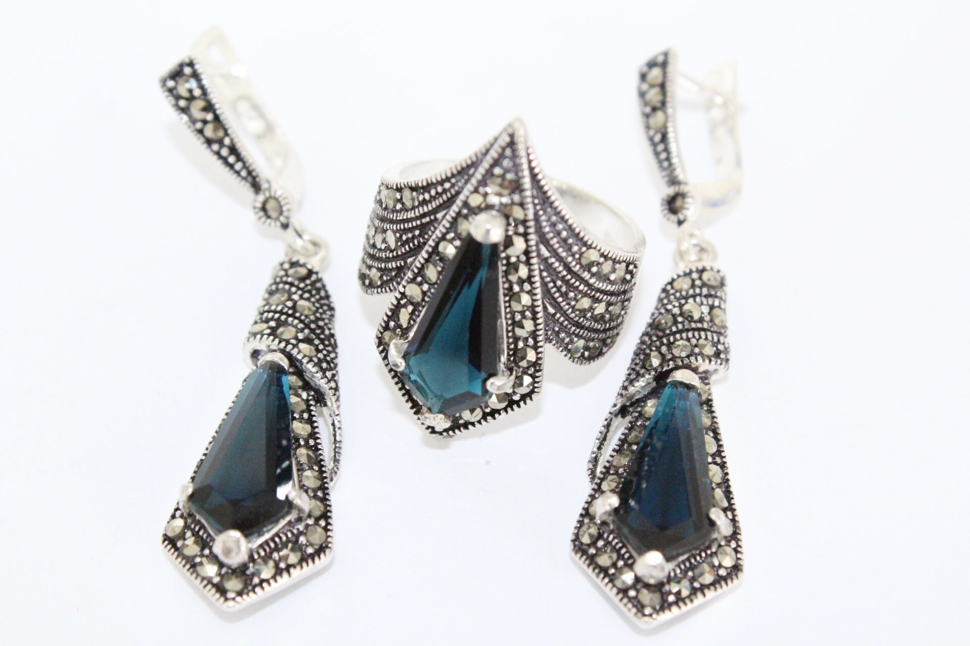 Dark Teal Earrings and Ring STERLING Marcazite Jewelry Dark Etsy