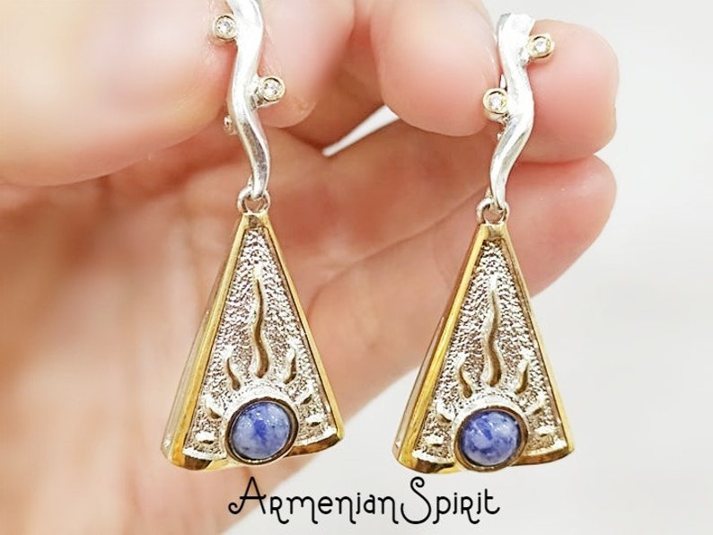 Gold and silver ring women Natural blue lapis lazuli cabochon Armenian jewelry Egyptian style symbol eye and sun Sterling 925 gold plated