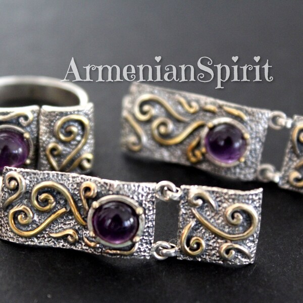Amethyst earrings and ring Sterling silver 925 Modern jewelry gold plated