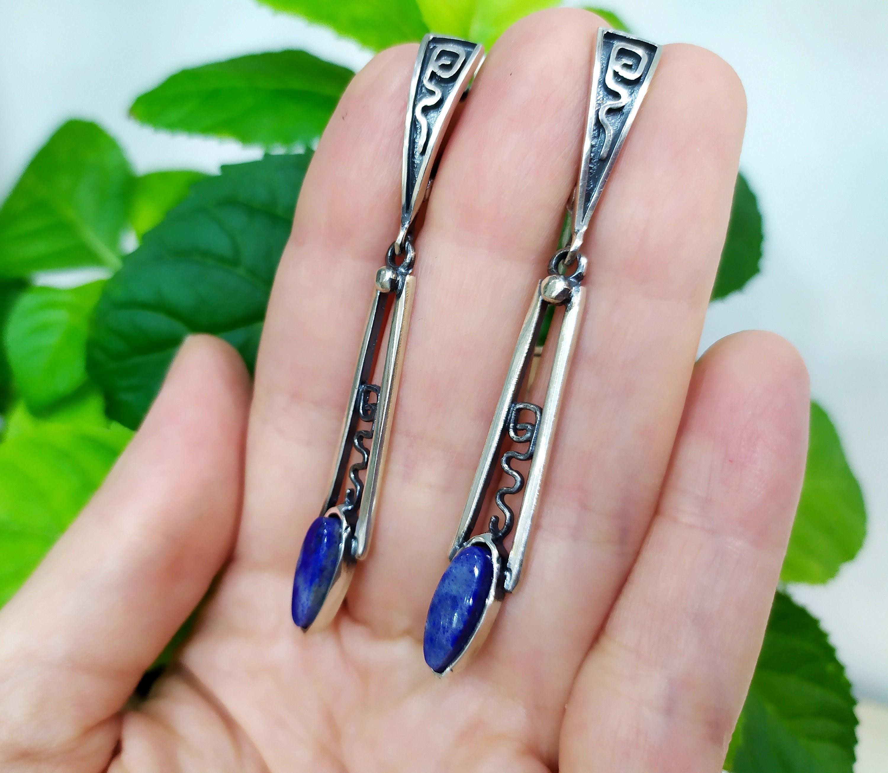 Lazurite Ohrringe Blau Edelstein Silber 925 schmale lange | Etsy