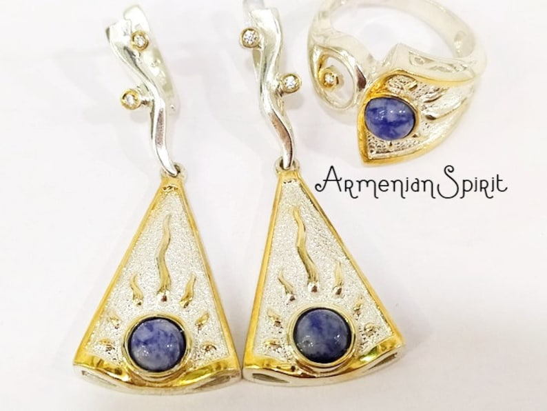 Gold and silver ring women Natural blue lapis lazuli cabochon Armenian jewelry Egyptian style symbol eye and sun Sterling 925 gold plated