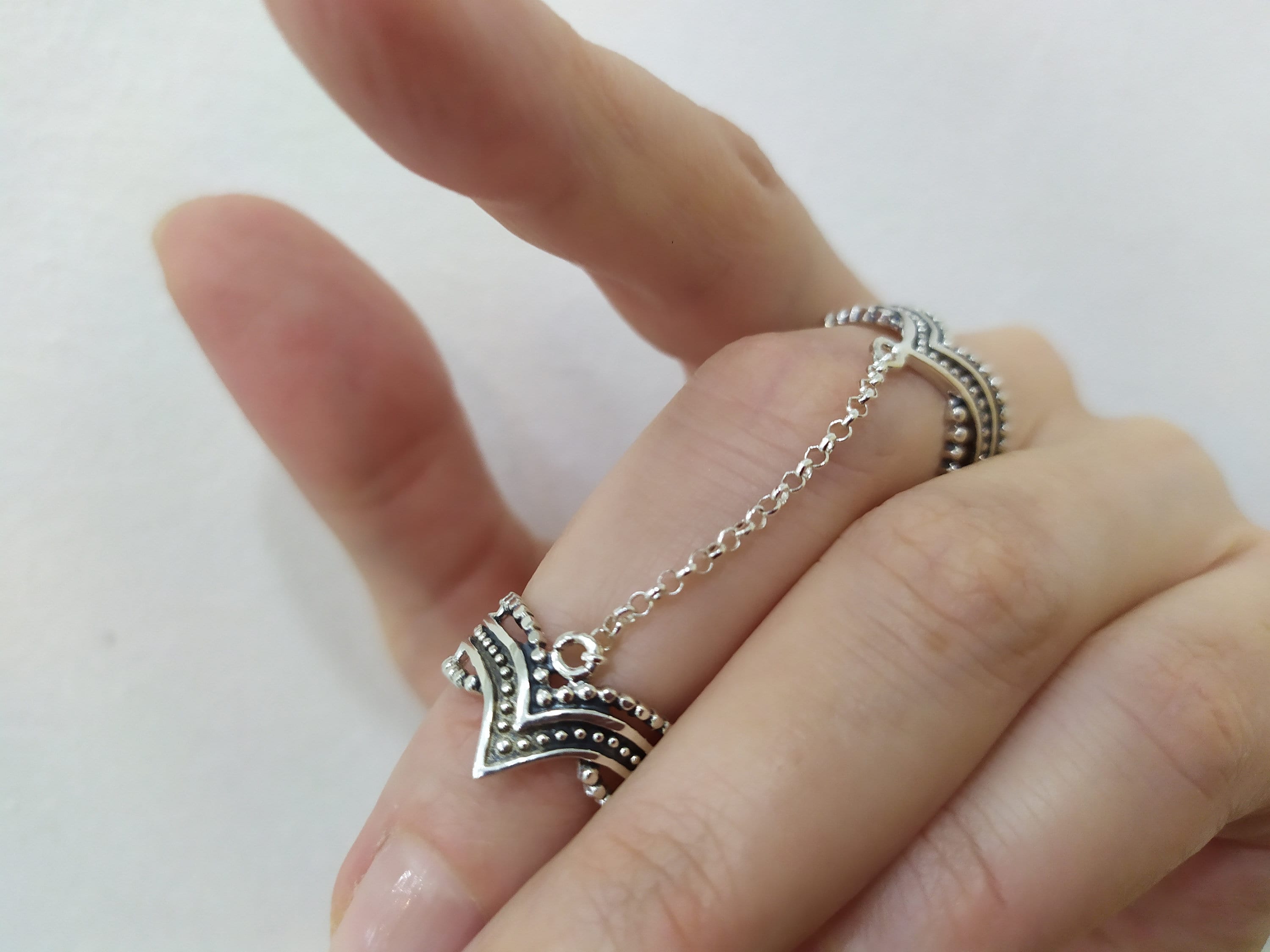 Chain Linked Double Ring 925 Sterling Silver, Adjustable Multi-finger Rings