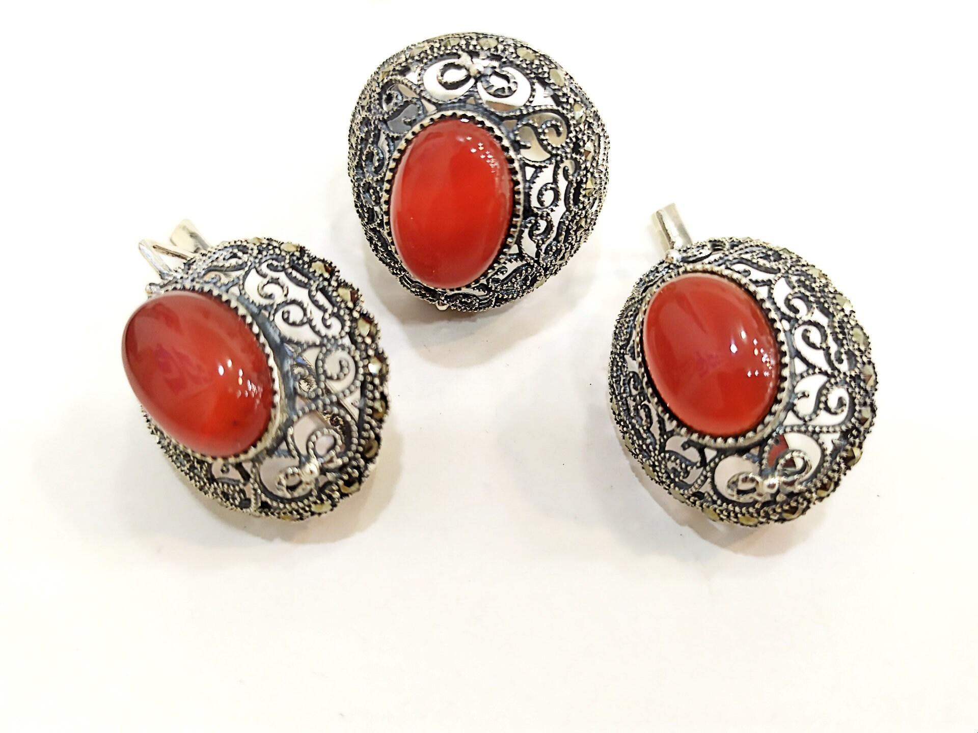 Luxury Red Orange Vintage Real Coral Stone Set Bracelet Necklace Magnetic  Clasp