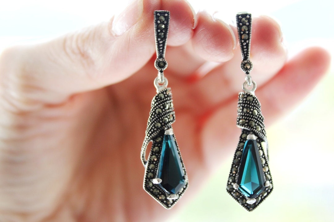 Dark Teal Earrings and Ring STERLING Marcazite Jewelry Dark Etsy