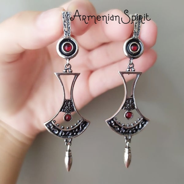 Garnet Very long Earrings Bohemian fall jewelry Dangle earrings extra long 7 centimetres Armenian jewelry STERLING SILVER 925 garnet jewelry