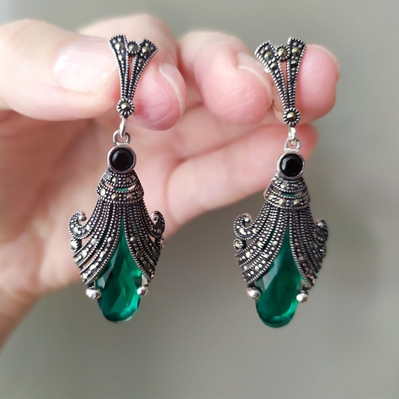 Silver 925 Armenian Jewelry Marcasite Emerald Green EARRINGS Very Long Green  Accessories Tudor Victorian 