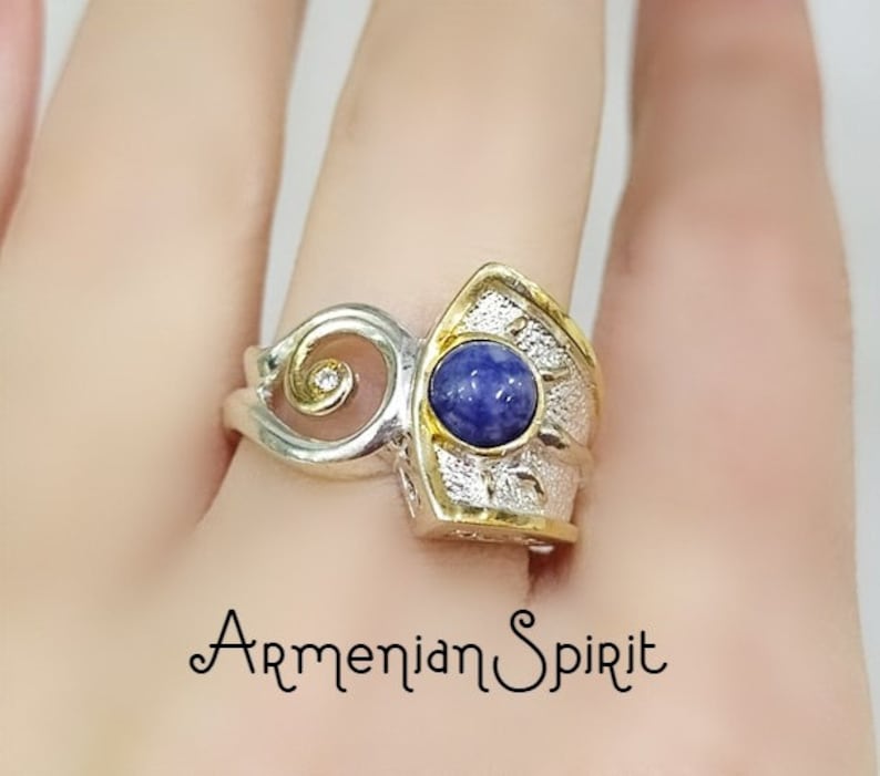 Gold and silver ring women Natural blue lapis lazuli cabochon Armenian jewelry Egyptian style symbol eye and sun Sterling 925 gold plated