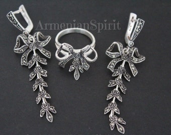 Armenian jewelry Set earrings and ring silver bow marcasite High quality sterling silver 925