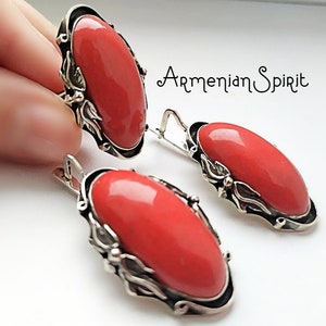 Pendientes coral rojo NATURAL y anillo cabujón años 60 Joyas estilo Vintage pendientes rojos PLATA DE LEY 925 Joyas muy grandes años 70 Joyas años 80