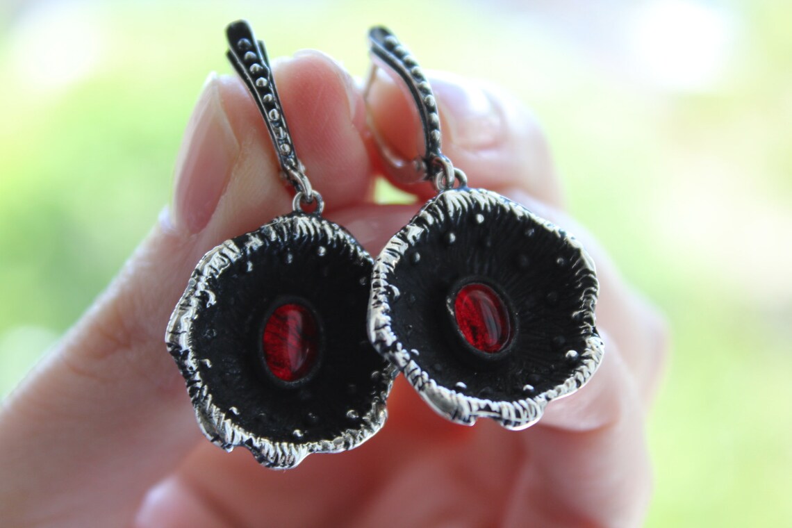 Poppy flower jewelry red poppies SILVER 925 Earrings and ring Etsy