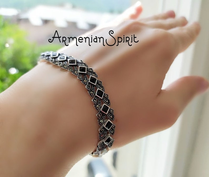 Women Bracelet Marcasite SILVER 925 Navy Blue Stones Armenian Etsy