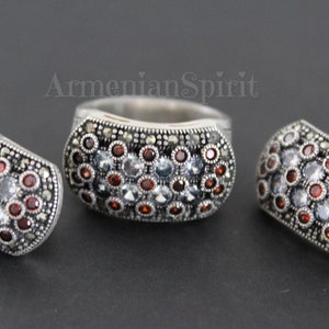 Armenian jewelry SET Silver 925 ring and earrings Multistone marcasite burnt orange and white