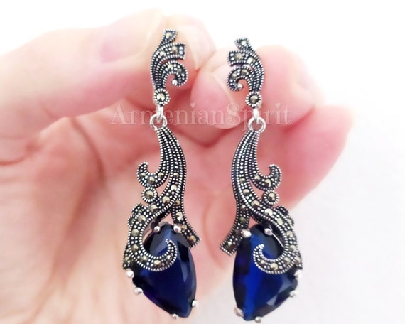 Boucles d'oreilles marcassites ARGENT 925 pendantes longues