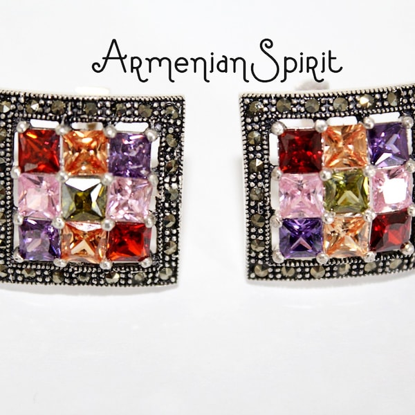 Sterling earrings colorful Marcassite jewelry Purple Pink earrings orange square boucles d'oreilles colorées argent bunte Ohrringe Silber