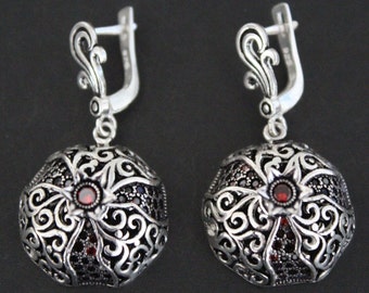EARRINGS dangle Sterling silver 925 and natural garnet Persephone Pomegranate Armenian jewelry