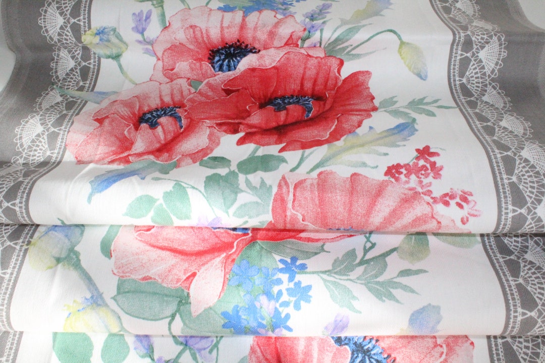 Rectangle Poppy Table Runner Gary White Red 100% Cotton - Etsy