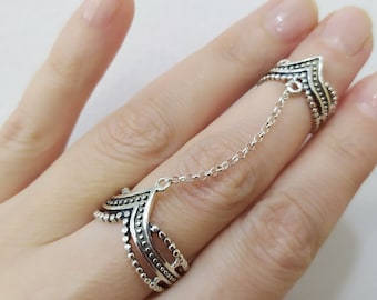 Double ring Silver 925 Ethnic jewelry Sterling silver Adjustable rings Full finger cover with chain Armenian