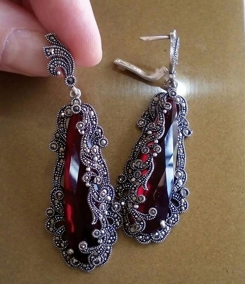 Silver earrings marcasite Blue topaz Very long dangle earrings Cocktail jewelry Extra Big Jewelery very large earrings Gift for rich woman
