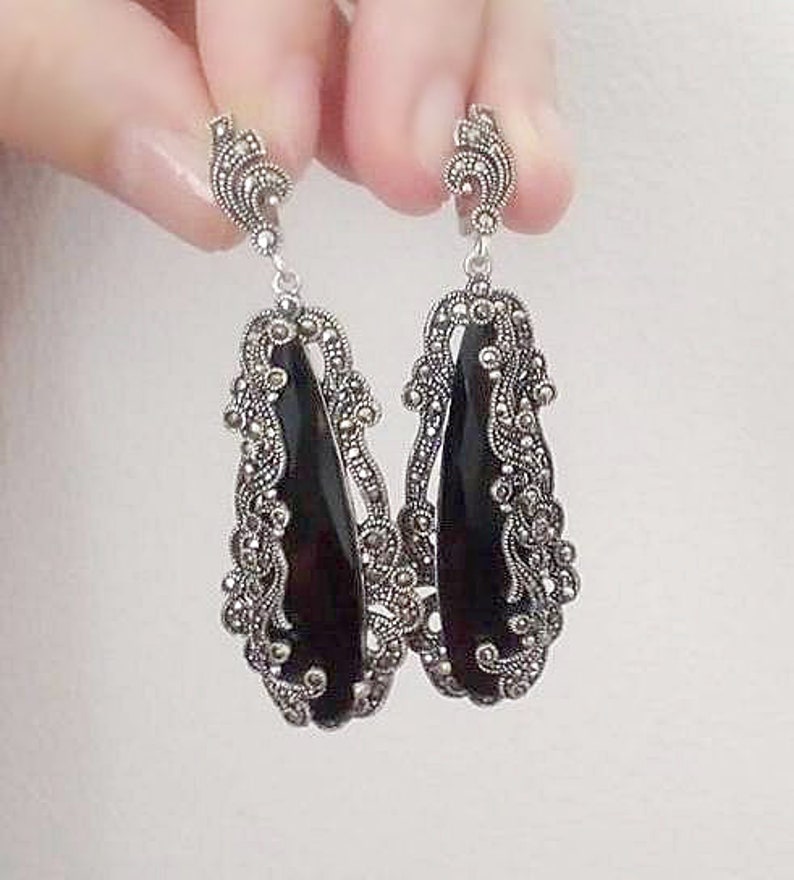 Very Long Earrings Black Big Jewelry Marcasite SILVER 925 - Etsy