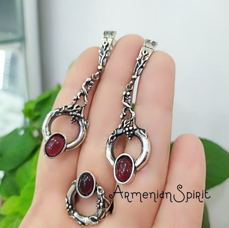 Armenian jewelry SET very long earrings and ring SILVER 925 garnet red stone Grape bunch Jewellery Women Ethnic handmade set sterling ladies