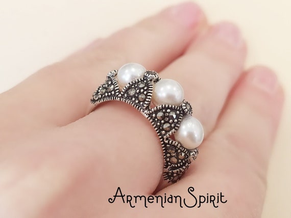 Luxury Elegant Big Flower Pearl Ring 925 Sterling Silver Ring Bijoux 1