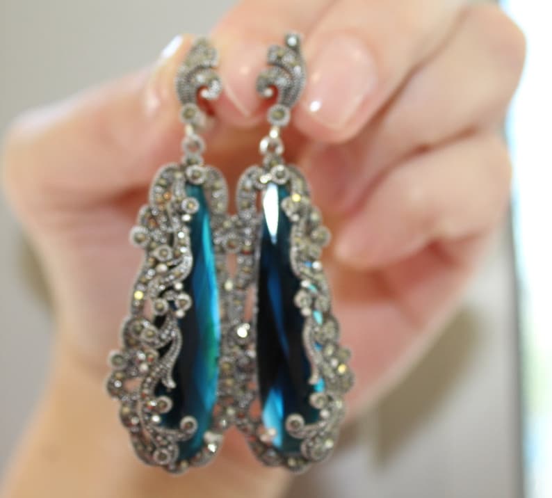 Silver earrings marcasite Blue topaz Very long dangle earrings Cocktail jewelry Extra Big Jewelery very large earrings Gift for rich woman
