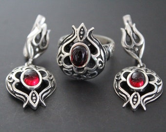 Sterling silver 925 Persephone jewelry SET Garnet earrings ring Armenian Pomegranate jewelry