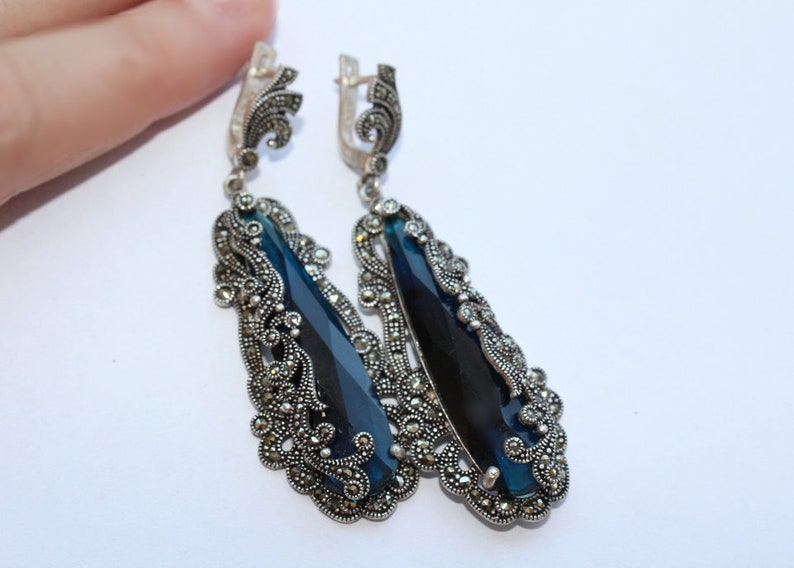 Silver earrings marcasite Blue topaz Very long dangle earrings Cocktail jewelry Extra Big Jewelery very large earrings Gift for rich woman