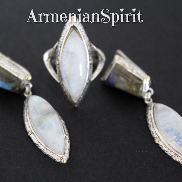 Moon stone and labradorite earrings and ring sterling silver 925