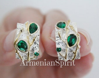 Earrings small Silver 925 with gold plated details and Emerald green zircons Armenian jewelry