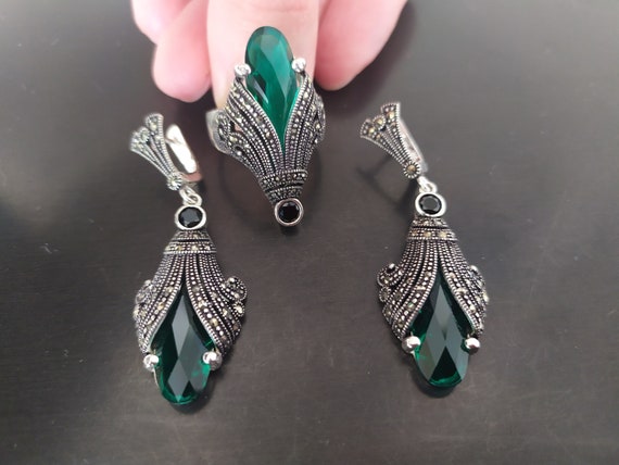 Earrings and Ring Silver 925 Armenian Jewelry Marcasite Emerald Green Green  Accessories Tudor Victorian -  Sweden