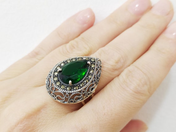 Bague topaze verte en argent sterling 925 marcassite bijoux fait
