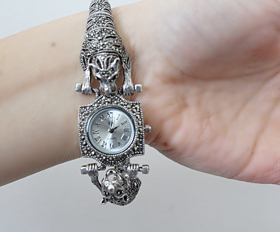 Buy Luxury Watch Women STERLING SILVER 925 Watches Marcasite Wide