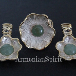 Flower Jade earrings and ring green Armenian jewelry Sterling SILVER 925 with gold plated details