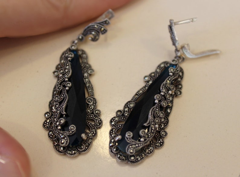 Silver earrings marcasite Blue topaz Very long dangle earrings Cocktail jewelry Extra Big Jewelery very large earrings Gift for rich woman