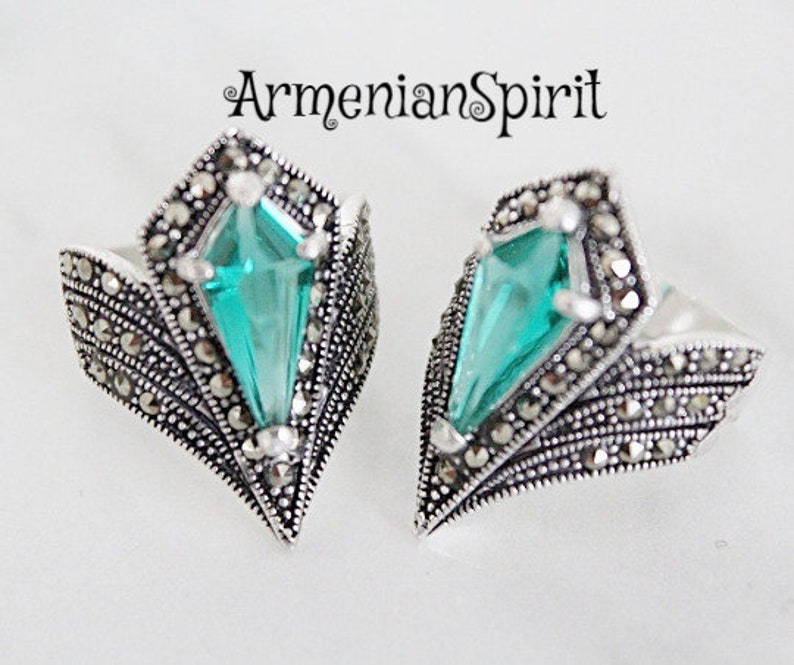 Armenian Jewelry Silver Marcasite RING Emerald Green Stone Etsy
