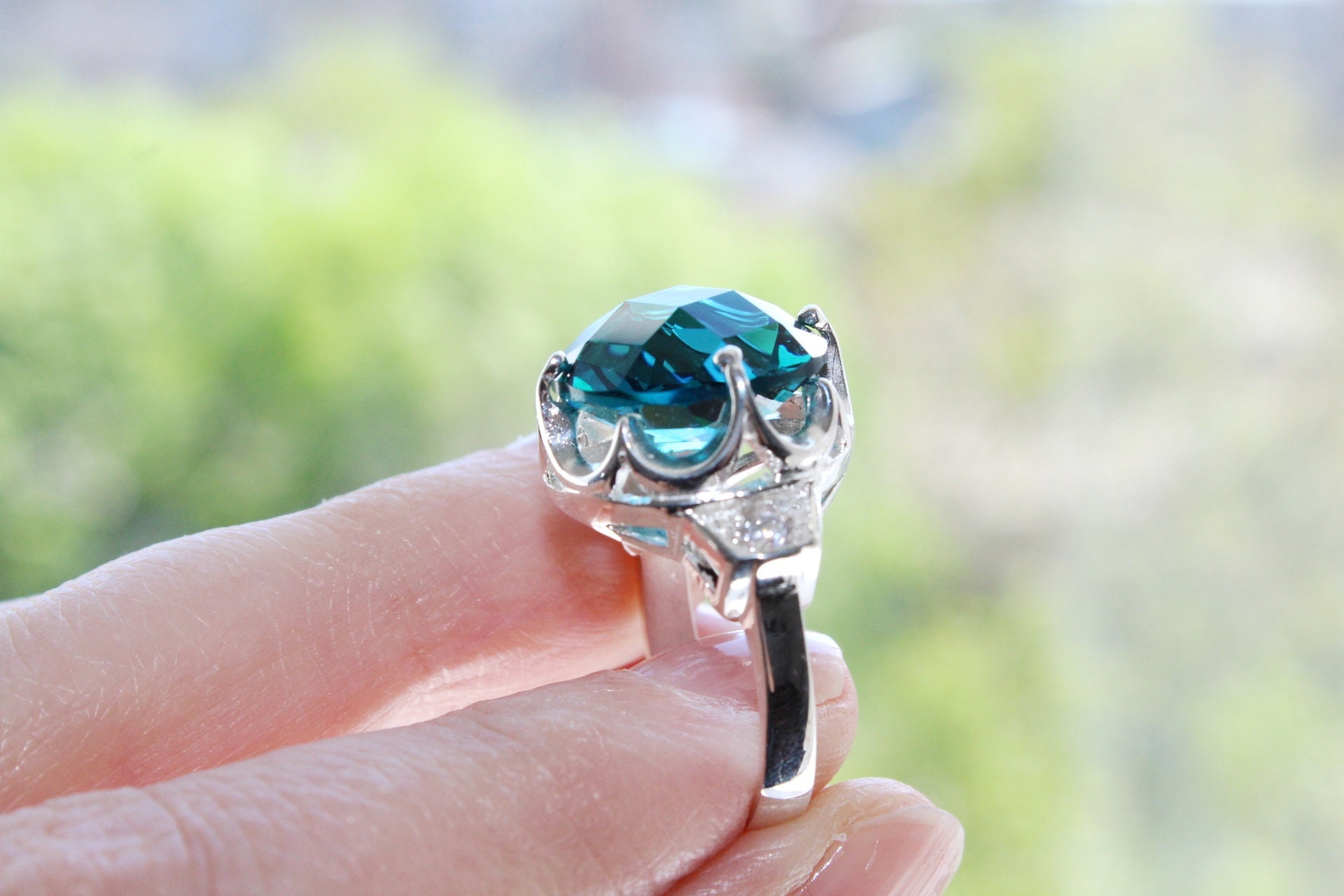 Teal RING Silver 925 Zircon Stones Light Blue Turquoise
