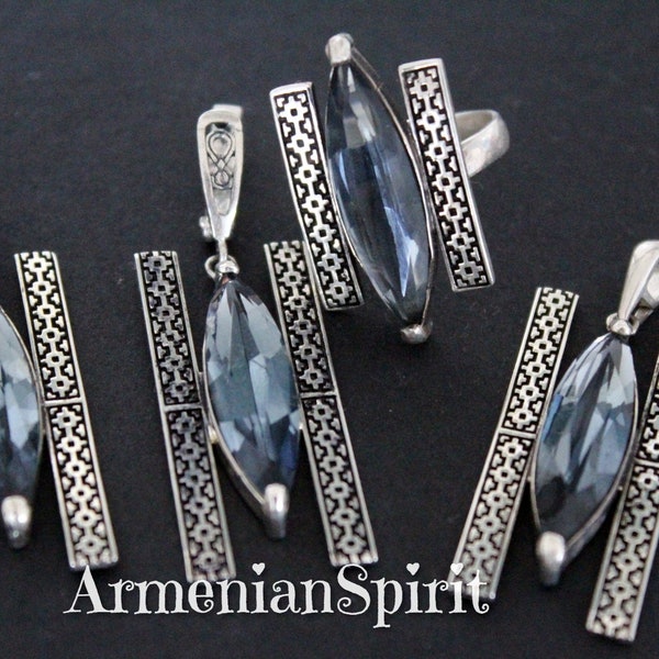 Armenian jewelry SET silver dangle earrings ring adjustable pendant with blue transparent zircon Sterling 925