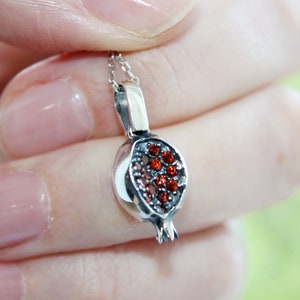 Silver necklace Tiny pendant and chain Sterling Silver 925 zircon stones burnt orange Pomegranate jewelry Persephone women Armenian gift