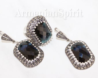 Armenian jewelry Set silver 925 Big dangle  earrings and ring with navy blue with green tint lab topaz and white zircons