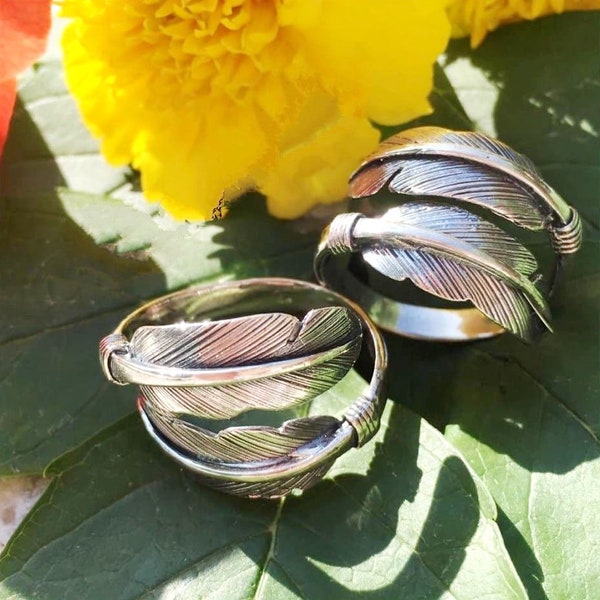 Feather ring SILVER 925 Adjustable rings women men unisex Boho feather jewelry Gifts Unusual ring small size