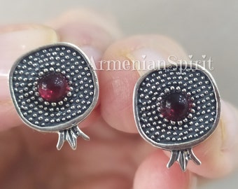 Stud earrings Pomegranate with red quartz Sterling silver 925 Armenian jewelry